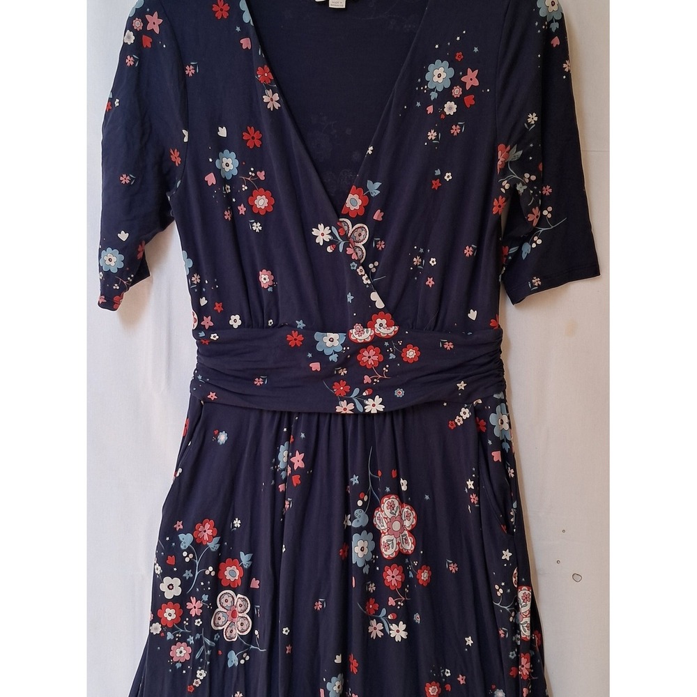 Boden Navy Floral Faux Wrap Midi Dress Short Sleeve Pockets Blue Red US 4L - Picture 6 of 16